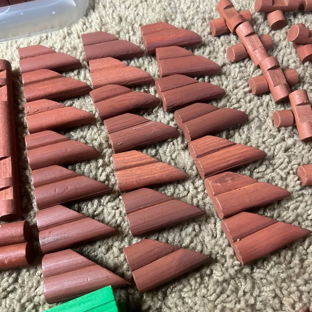 Vintage Wooden Building Log Set Interlocking Cabin Construction Toy 100+ Pieces